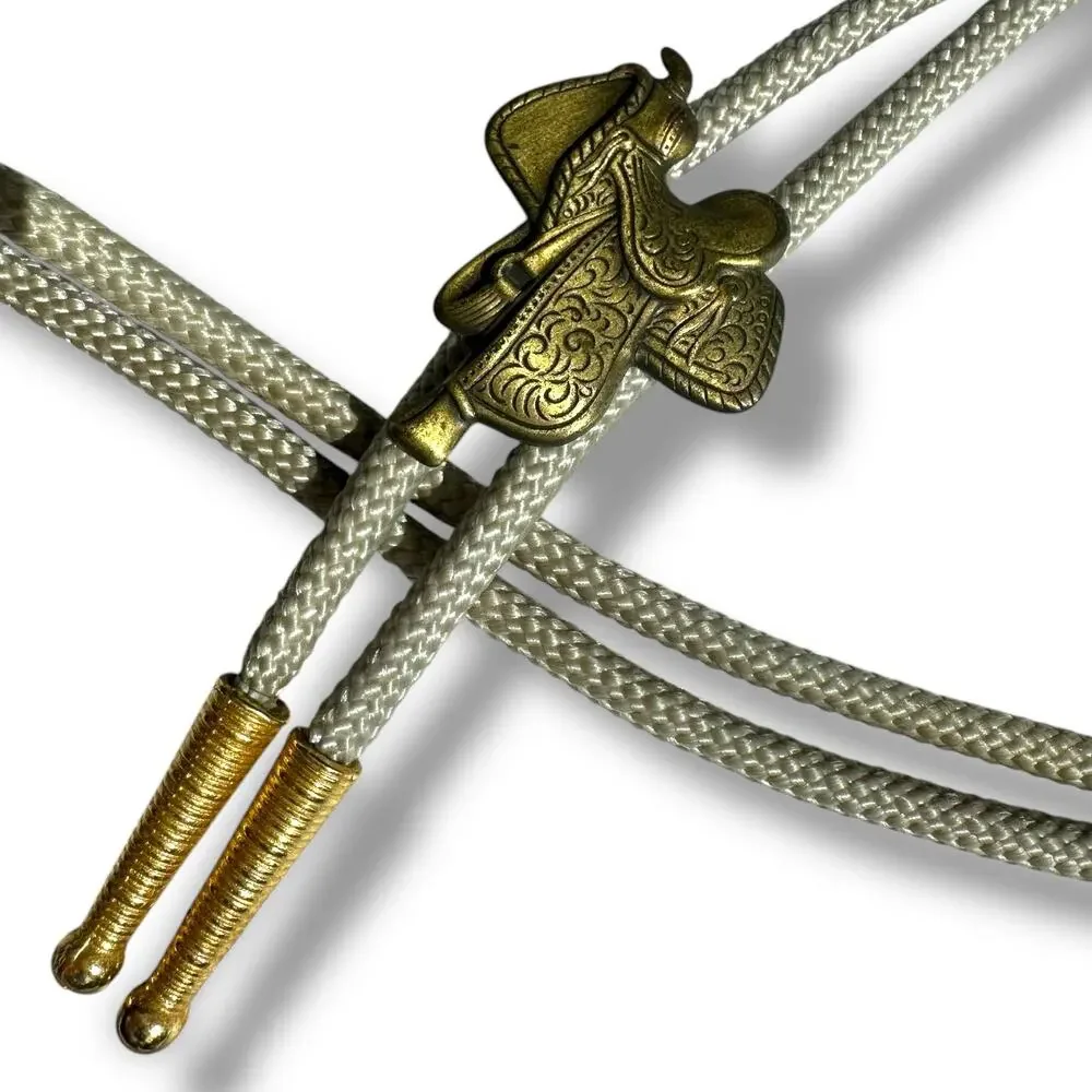 Vtg Bolo Tie Horse Saddle Metal Ends Nylon Cord Necklace Western Rodeo Cowboy